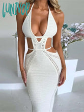 Lunivop Solid Halter Hollow Out Lace Up Women’s Dress Sleeveless Backless Wrapped Hip Dresses